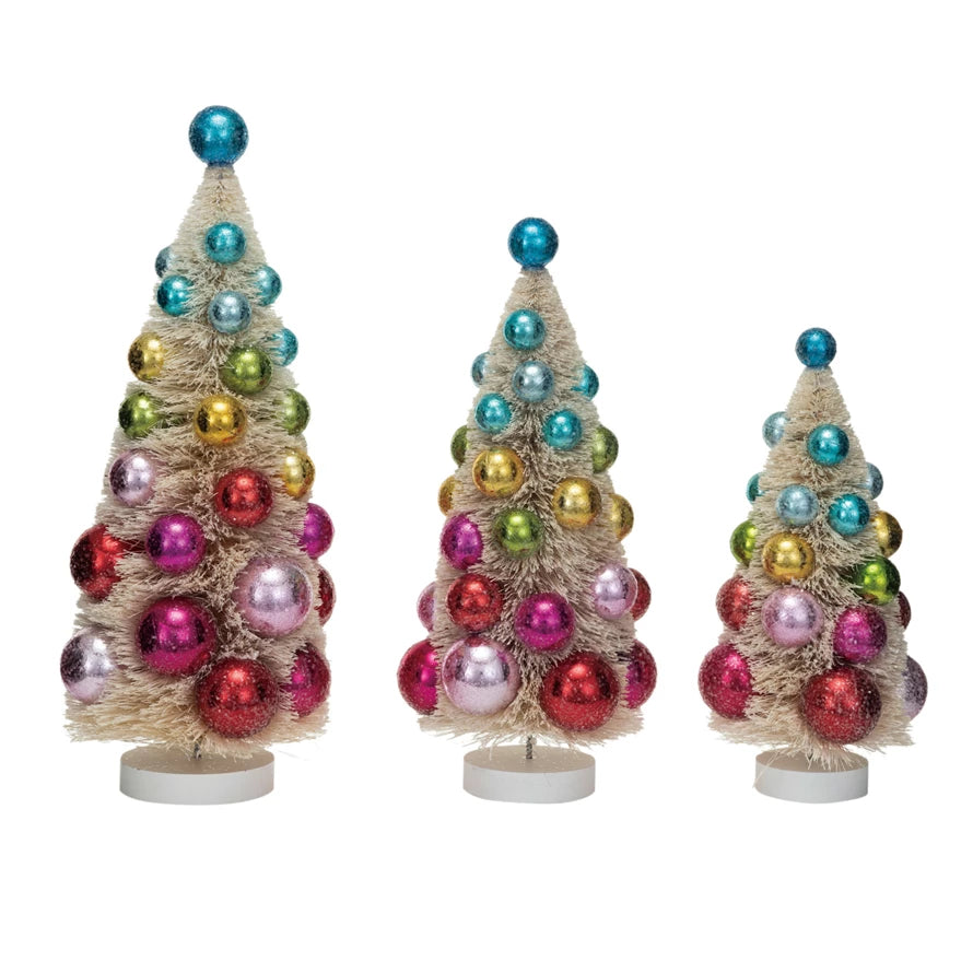 Sisal Bottle Brush Trees w/ Ornaments & Wood Base