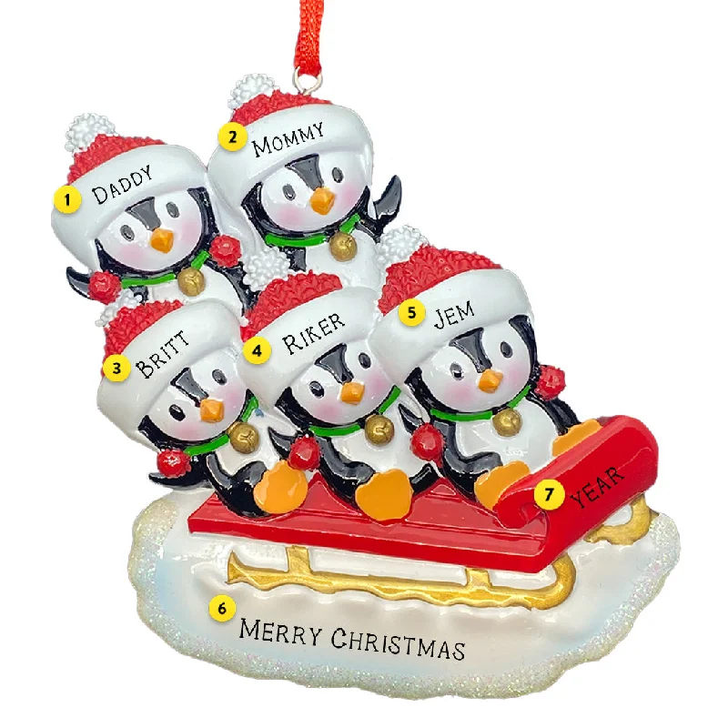 Personalized Sledding Penguin Family of 5 Ornament