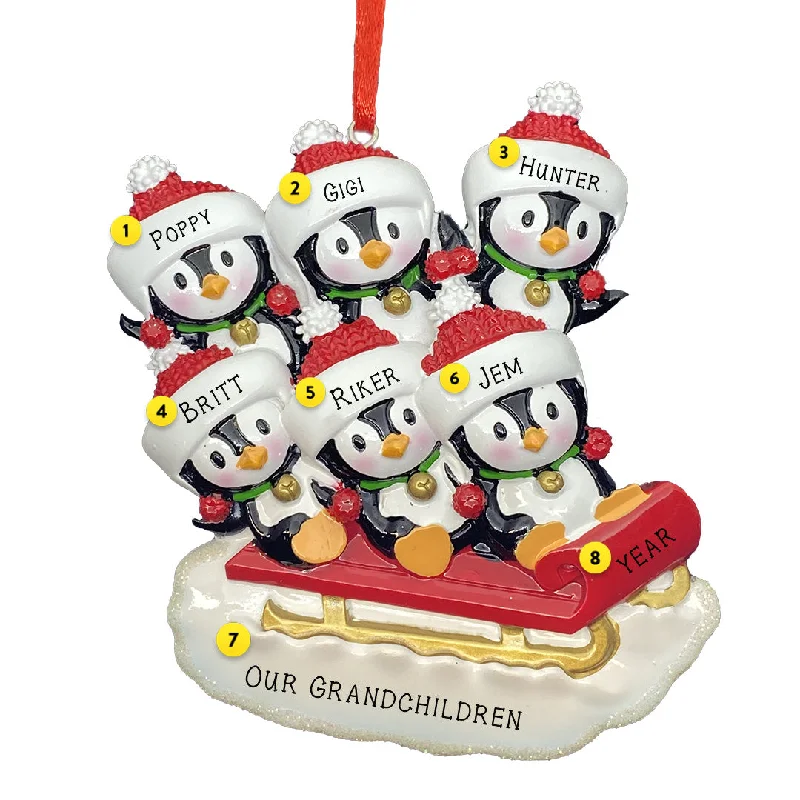 Personalized Sledding Penguin Family of 6 Ornament