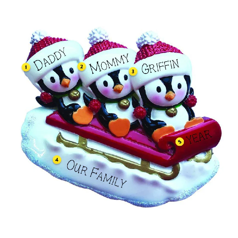 Personalized Sledding Penguin Family of 3 Ornament