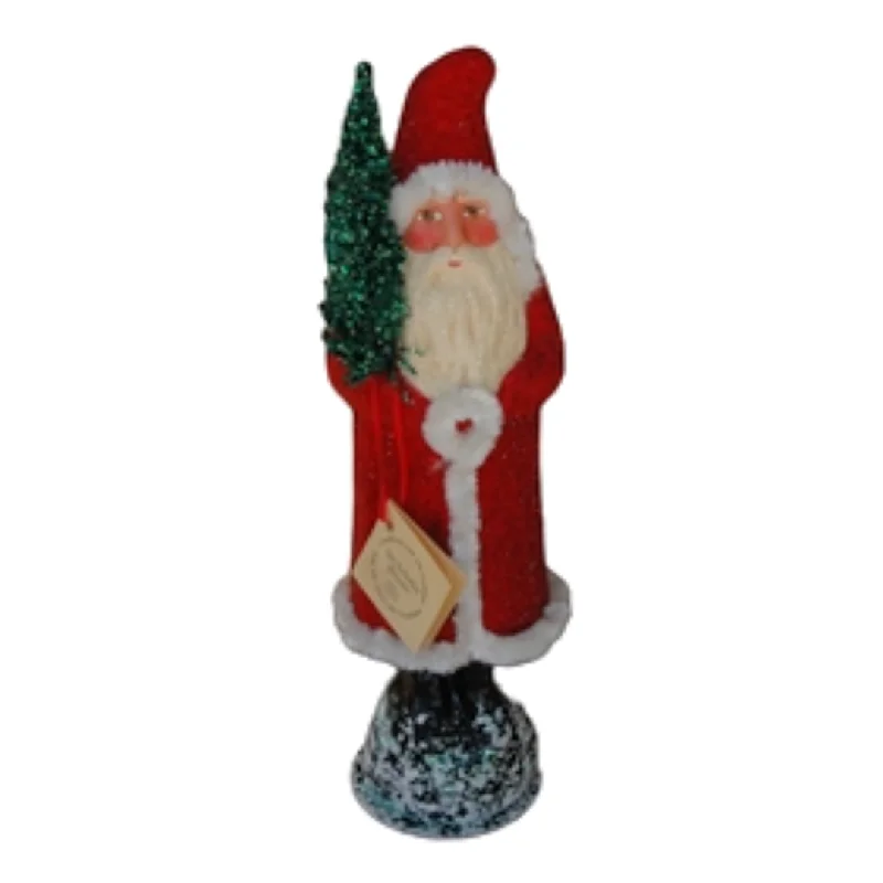 Tall Red Beaded Santa with Green Tree Paper Mache Candy Container by Ino Schaller